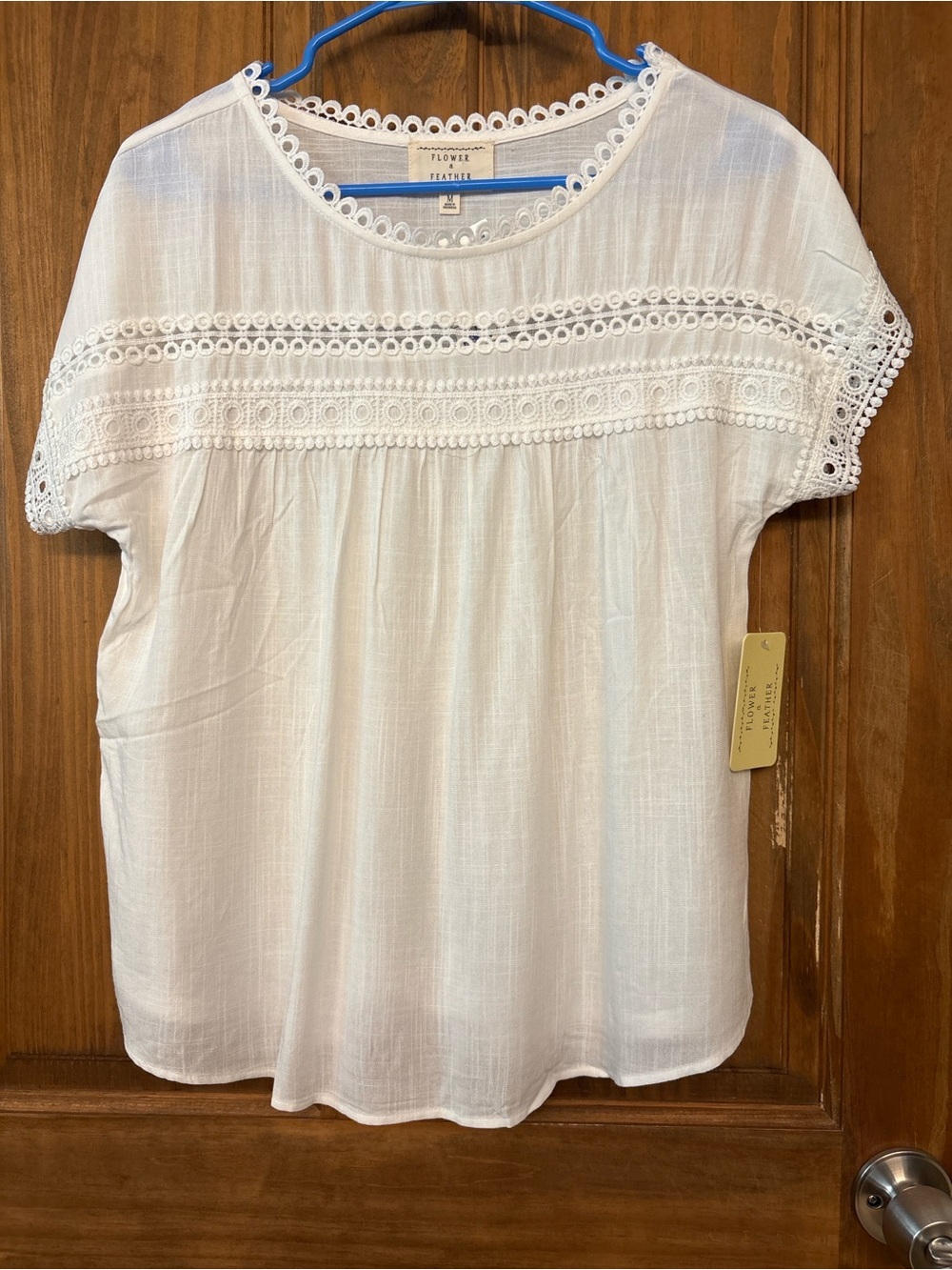 NWT Flower & Feather White Boho Lace Trim Blouse Top Medium Cottagecore